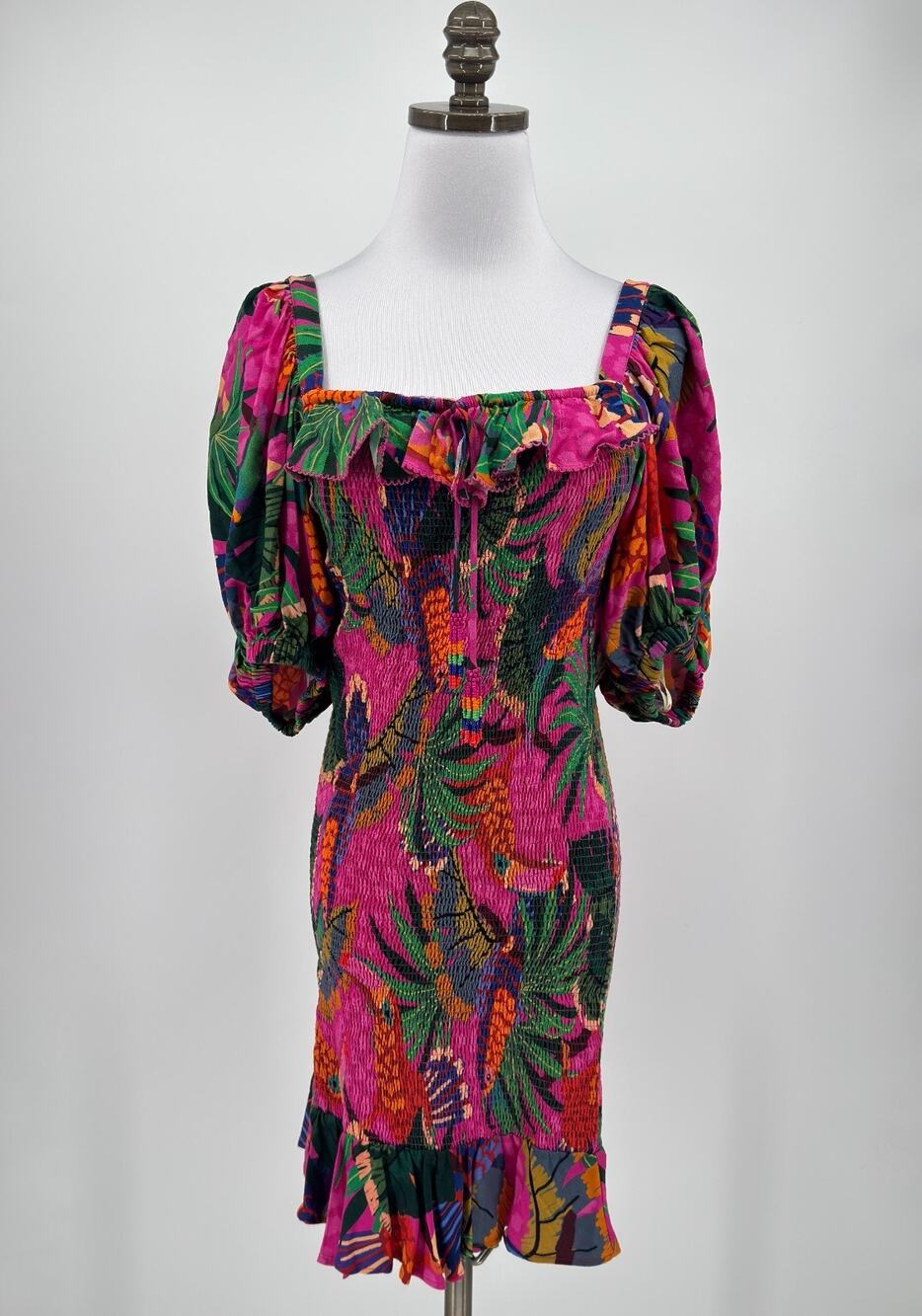 Farm Rio Painted Toucans Tropical Print Smocked Puff Sleeve Mini Dress Sz M
